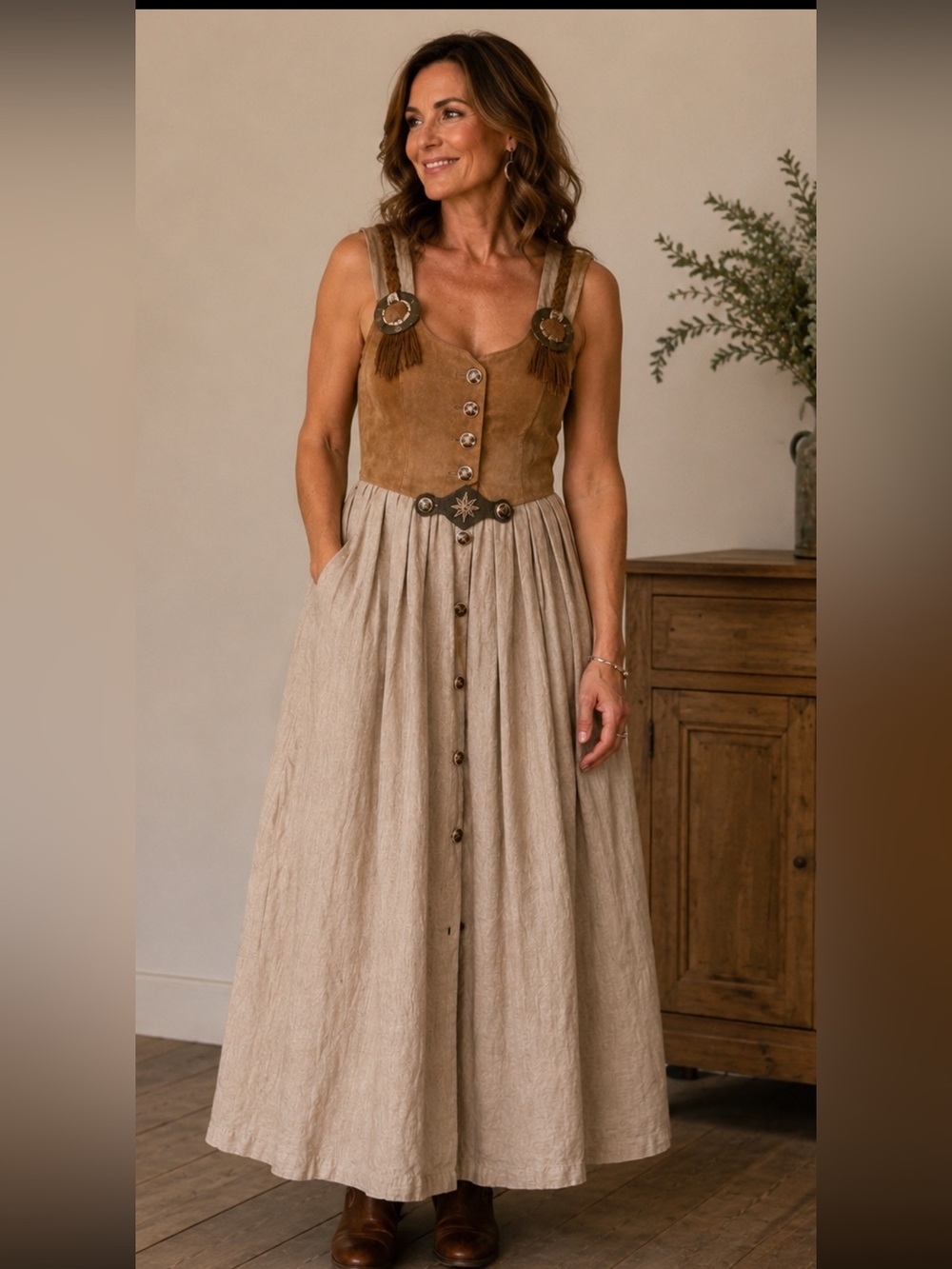 RS Landgut Genuine Suede Leather Dirndl Maxi Dress EU 40 German Trachten